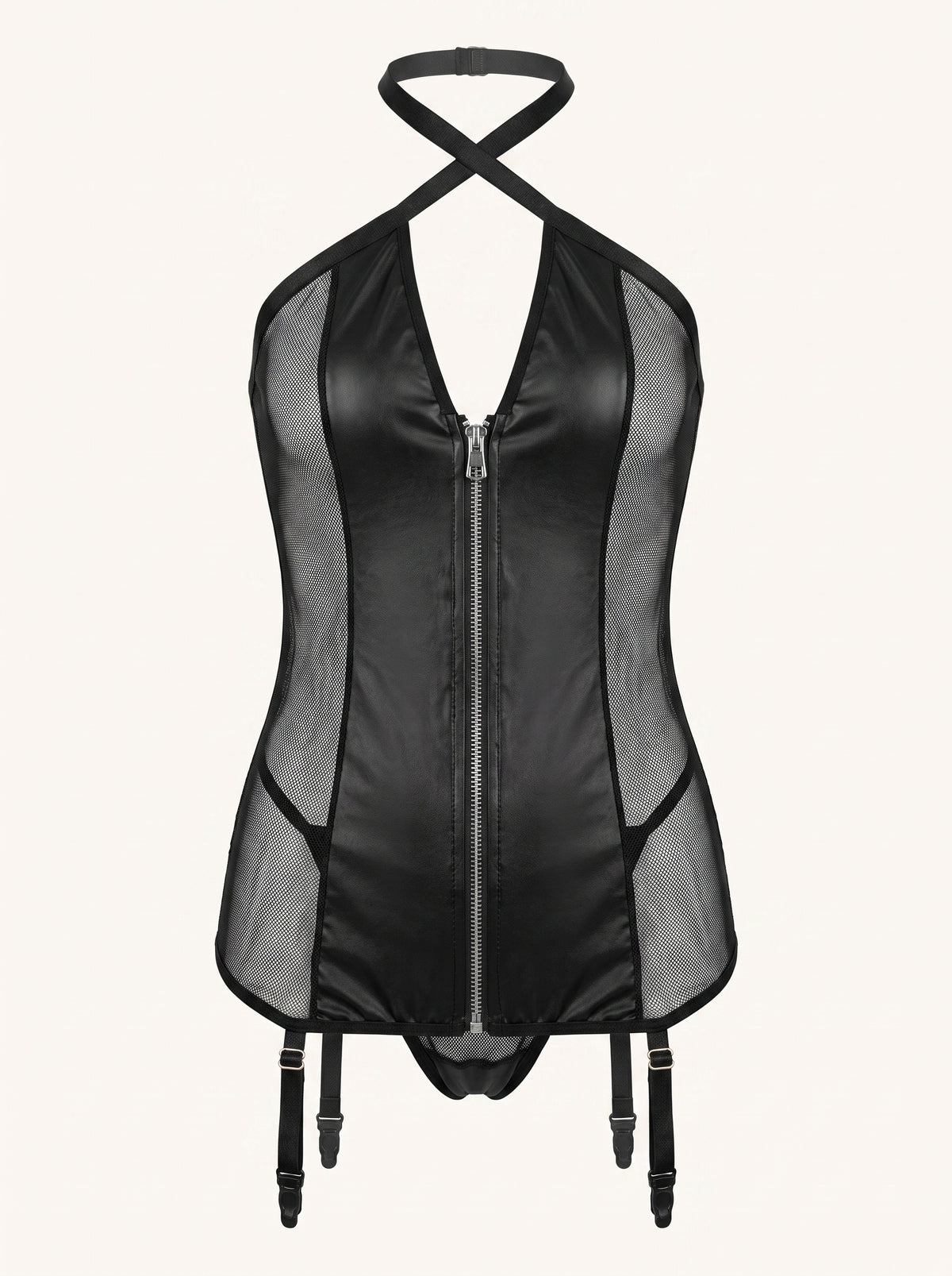 Fishnet Corset Bodysuit with Garter Straps in Black, floating