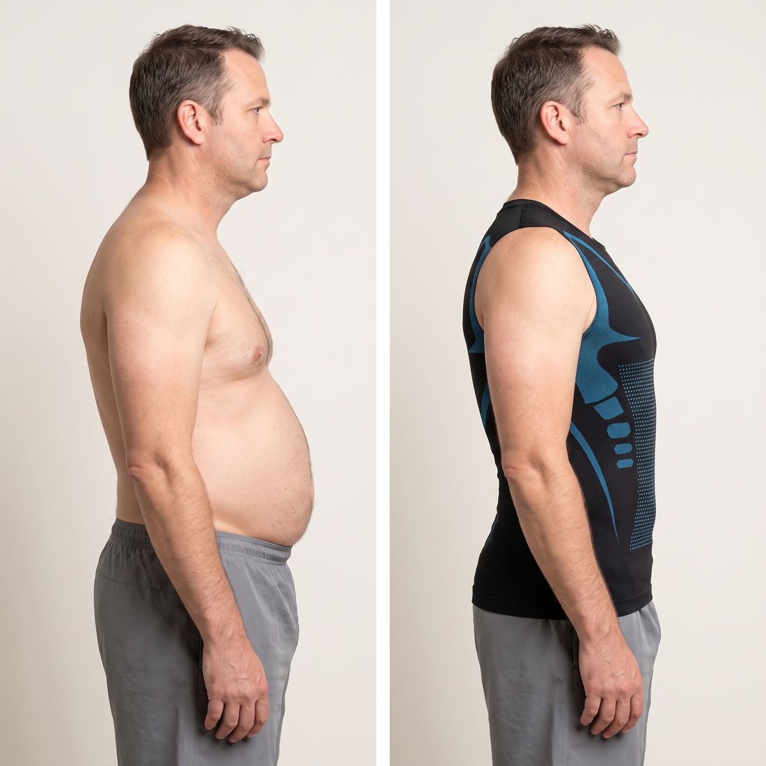 Split photo of the same man, slouched posture beside corrected posture wearing a compression tank