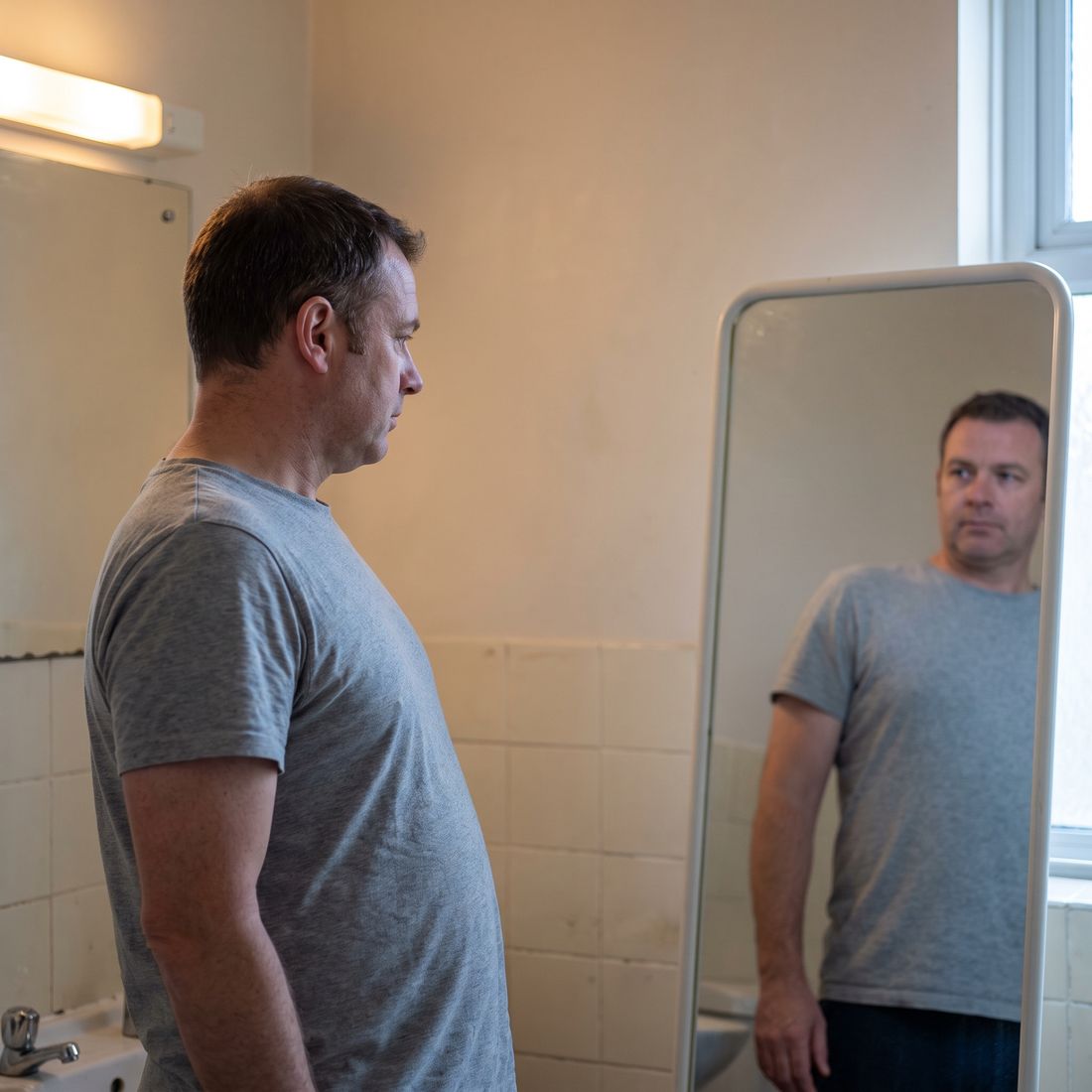 Man in a bathroom mid motion correcting his posture in front of a mirror