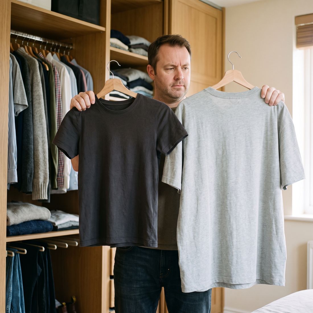 Man in a closet comparing a fitted t shirt with an oversized t shirt