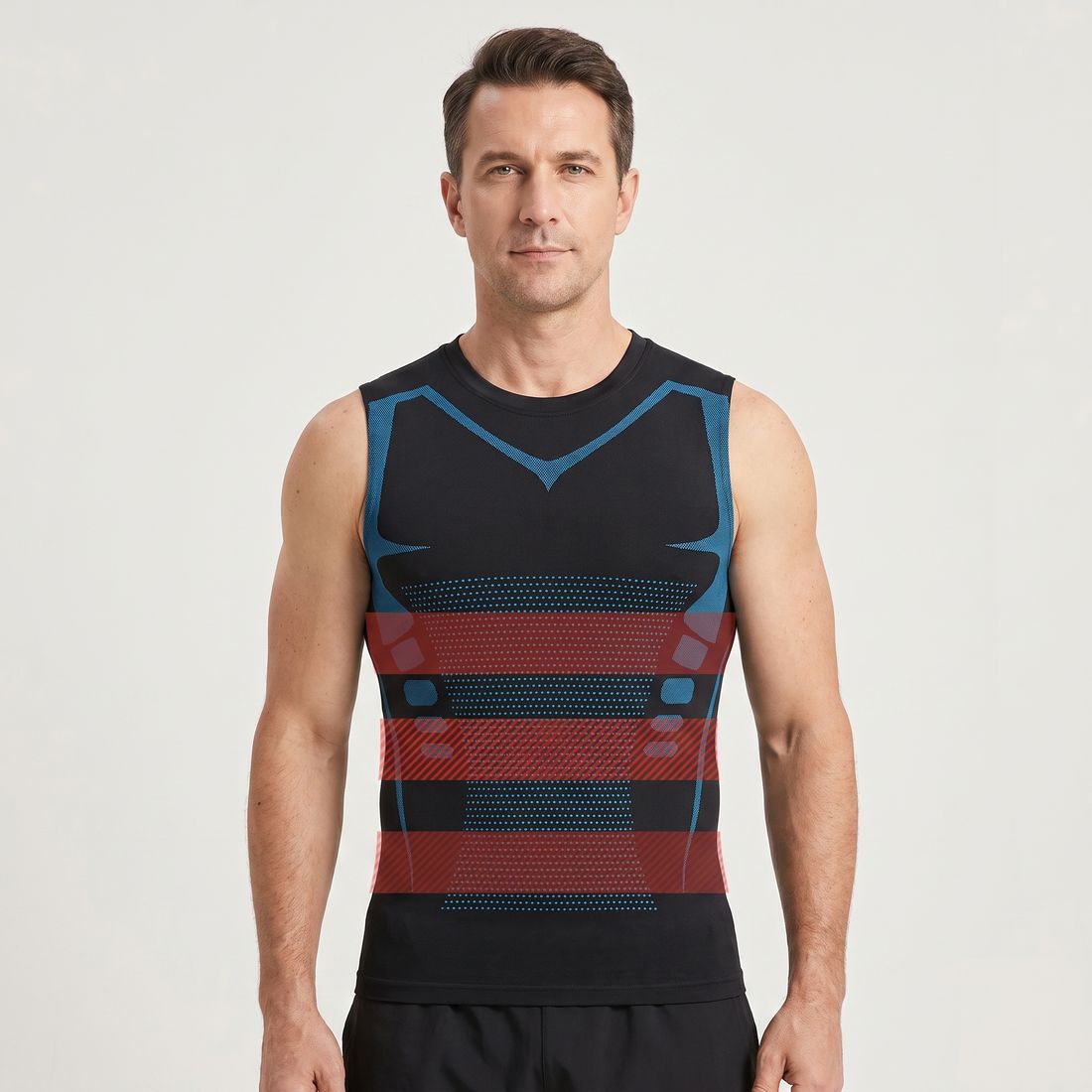 Man wearing a compression tank with graduated pressure zones highlighted across the torso