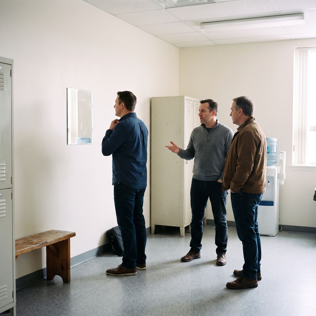 Three men of different ages talking in an office break room